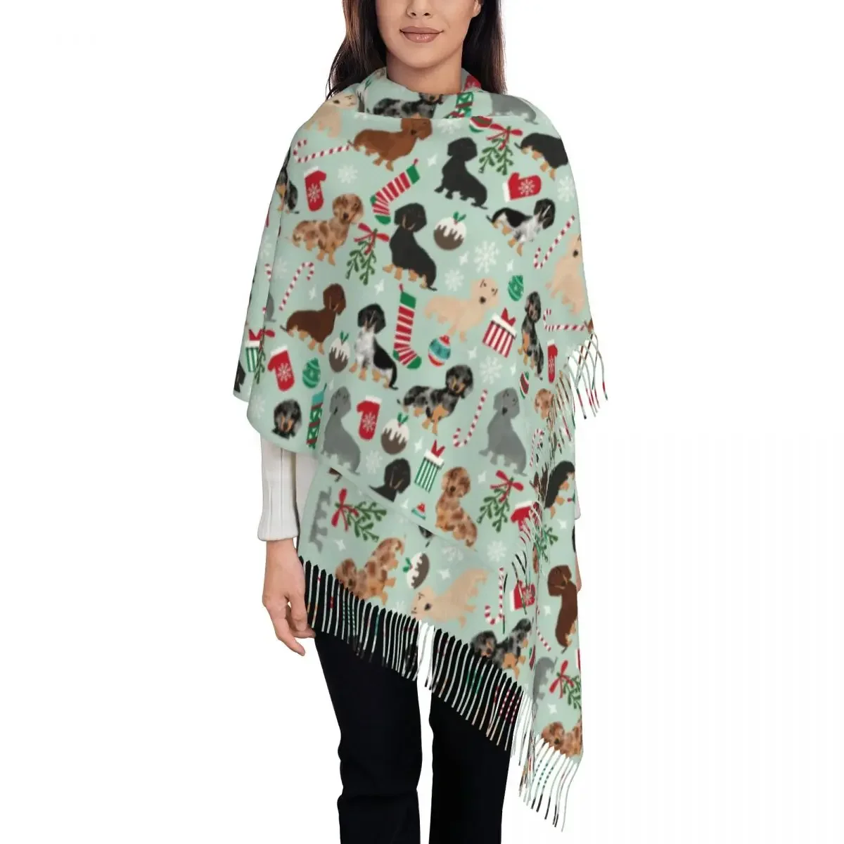 Custom Dachshunds Retro Christmas Tassel Scarf Women Soft Sausage Wiener Badger Dogs Shawls Wraps Ladies Winter Fall Scarves
