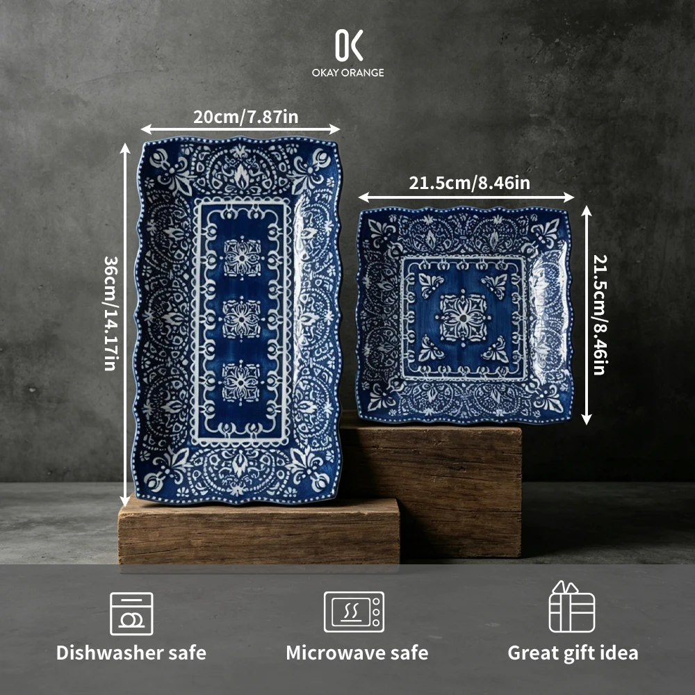 Vintage Blue and White Ceramic Serving Platter Moroccan Style Wavy Edge Rectangle Square Plate Creative Sushi Snack Dishes