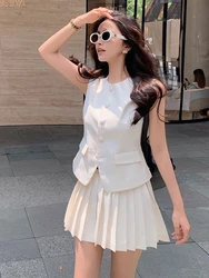 2023 Summer Two Piece Set Women O-Neck Single Breasted Sleeveless Vests High Waist Skirts Mini Pleated Skirt Suits