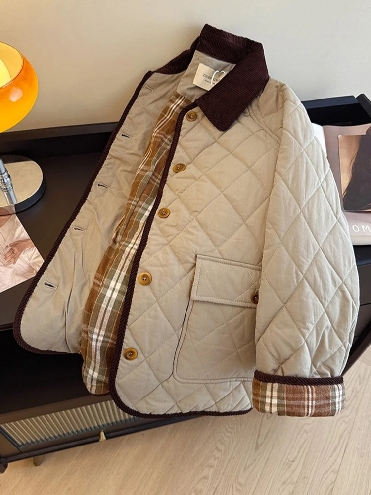 

Retro corduroy patchwork lapel collar cotton jacket women's winter loose casual versatile warm color blocking cotton coat