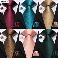 Hi-Tie Burgundy Green Solid Silk Elegant Tie For Men Groom Wedding Men Necktie Pocket Square Cufflink Accessory Wholesale