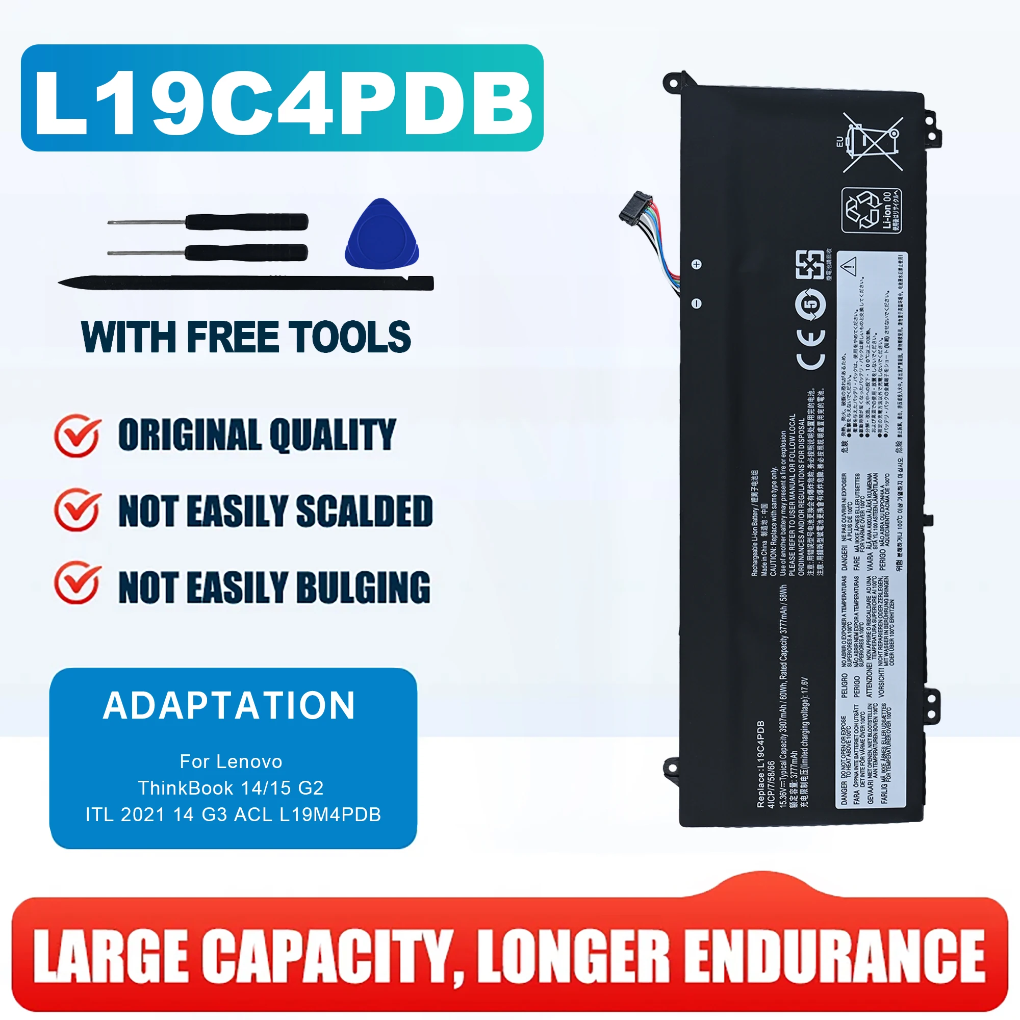 New L19C4PDB Laptop Battery For Lenovo ThinkBook 14/15 G2 ITL 2021 14 G3 ACL L19M4PDB 15.44V 3830mAh 58Wh Free Tools Ex