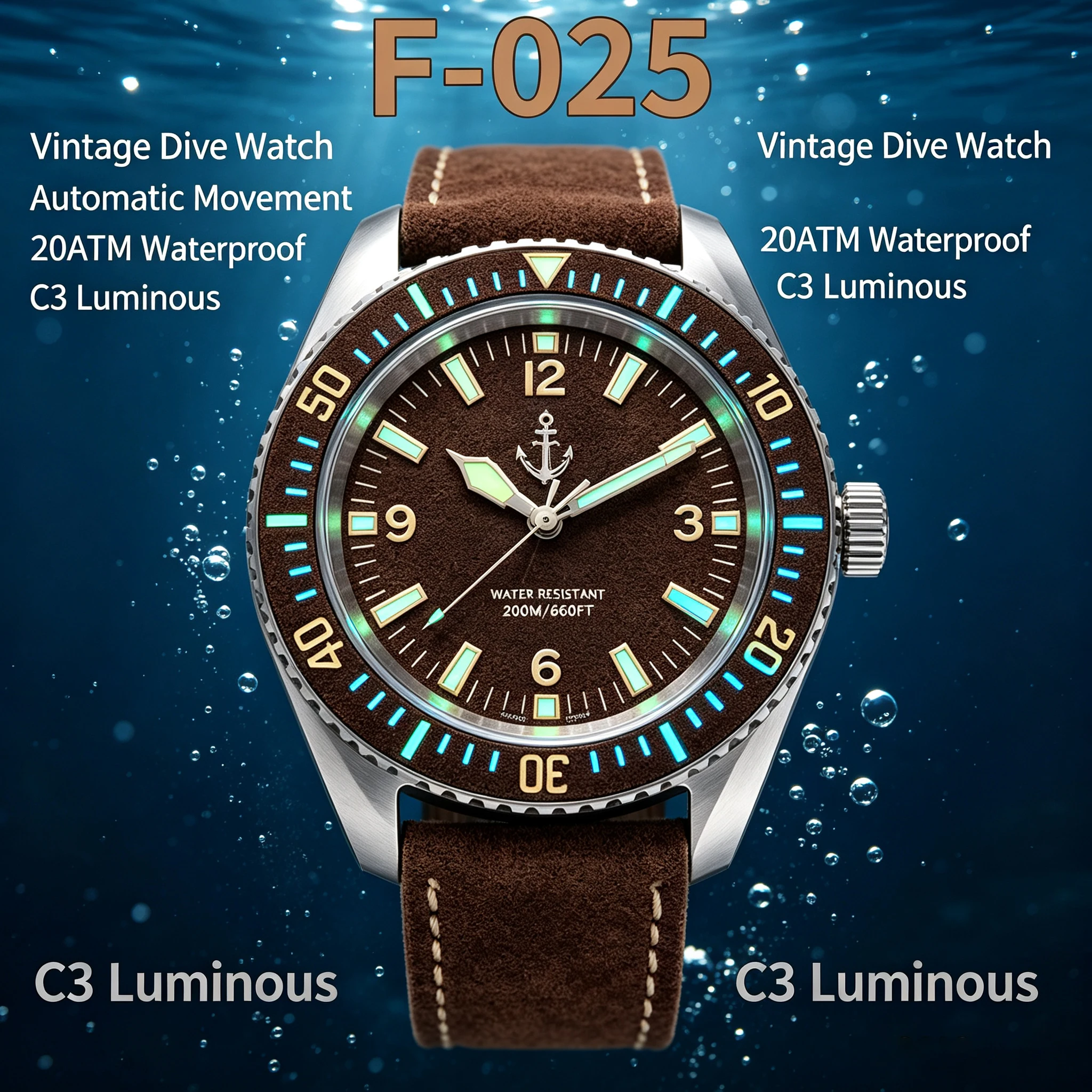 Hruodland F-025 Vintage Dive Watch Automatic 20ATM Waterproof C3 Luminous Suede Strap Men Mechanical Wristwatch
