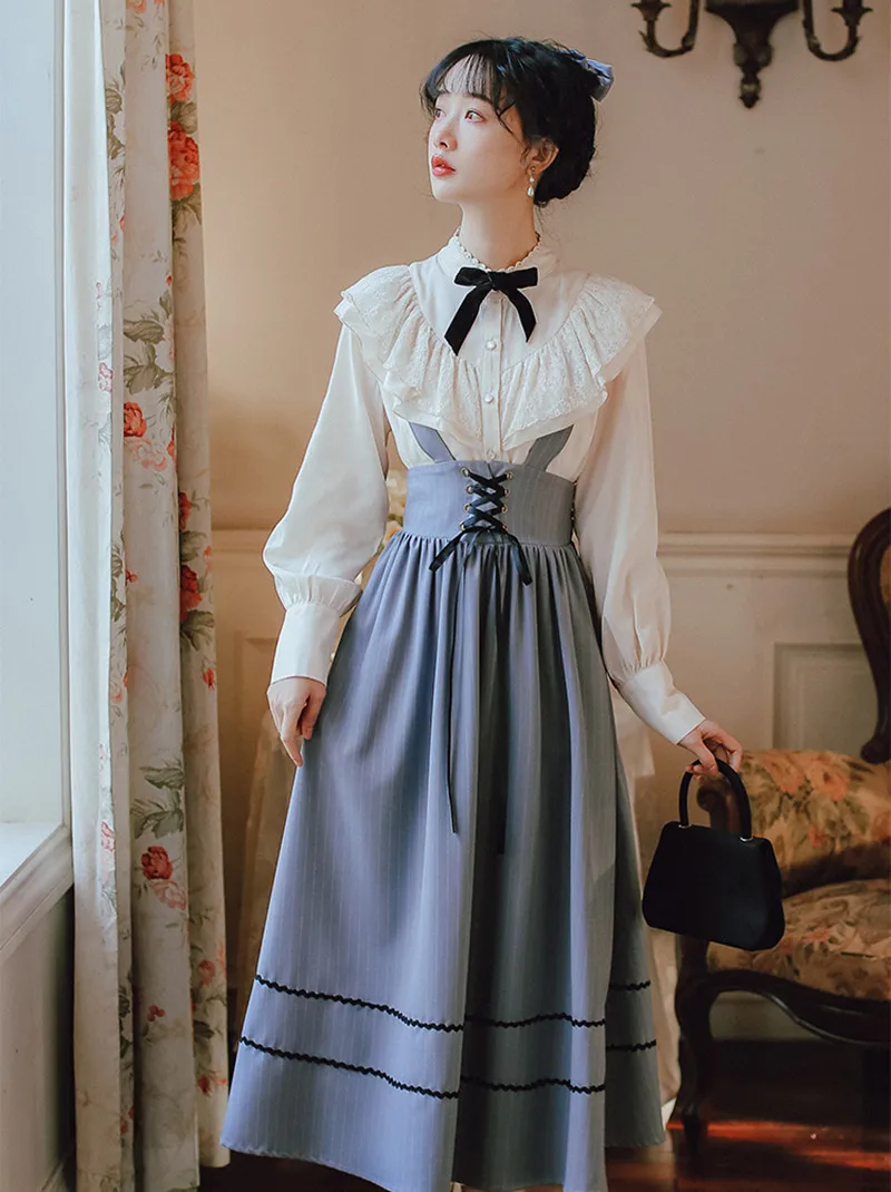 England Style 2 Piece Sets French Vintage Women Outfits Sweet Lace Bow Lantern Sleeve Shirt Tops Bandage Stripe Long Skirt Retro