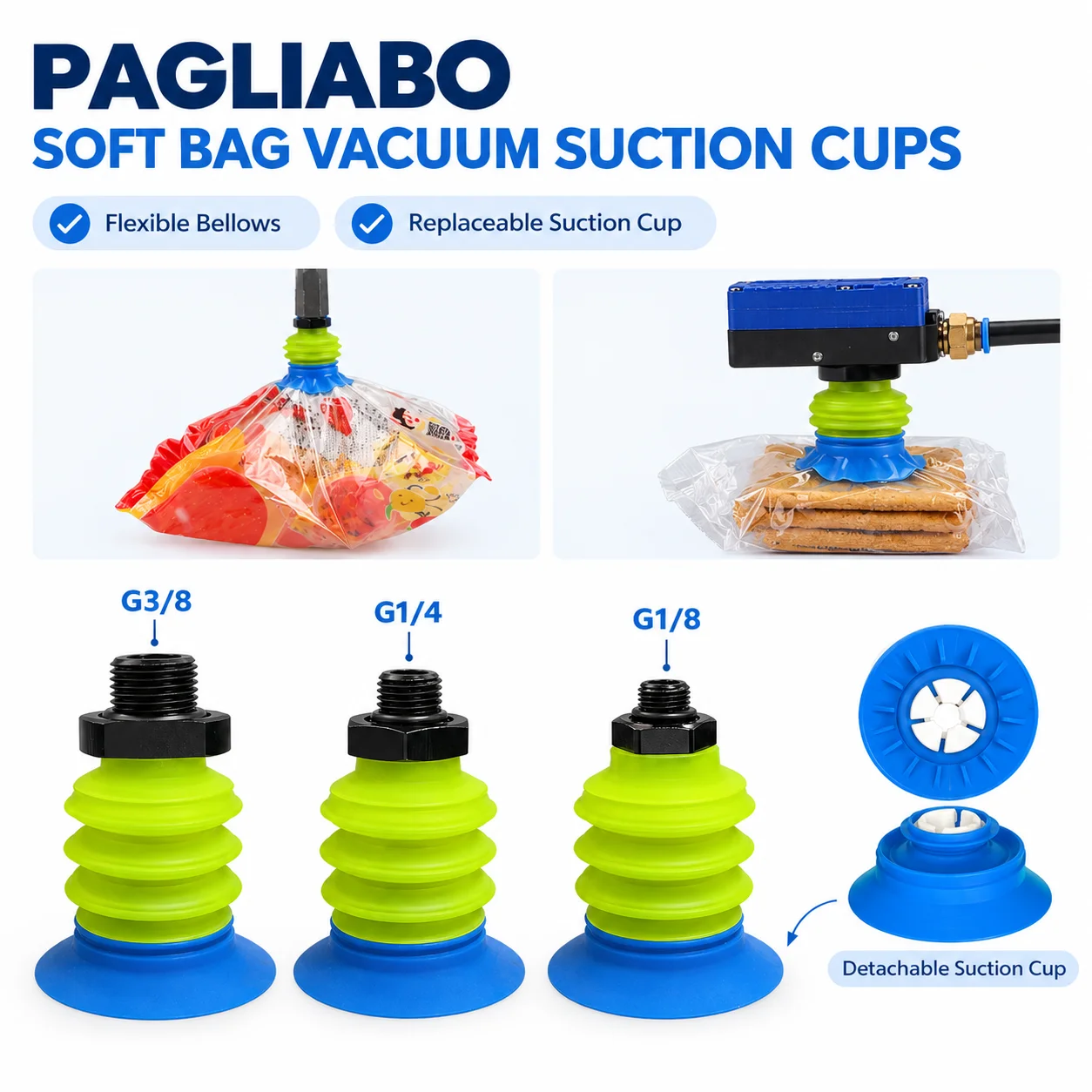 BGI 3-Bellows Vacuum Suction Cup BGI25 to BGI80 Polyurethane Gripper Pads G1/8 G1/4 G3/8 Male Fitting Replacement for PIAB