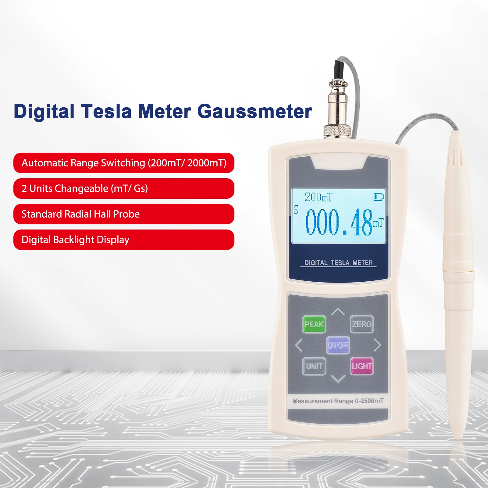 Digital Tesla Meter Gaussmeter Auto Range 200mT/ 2000mT High Accuracy Sensitive Surface Magnetic Field Tester