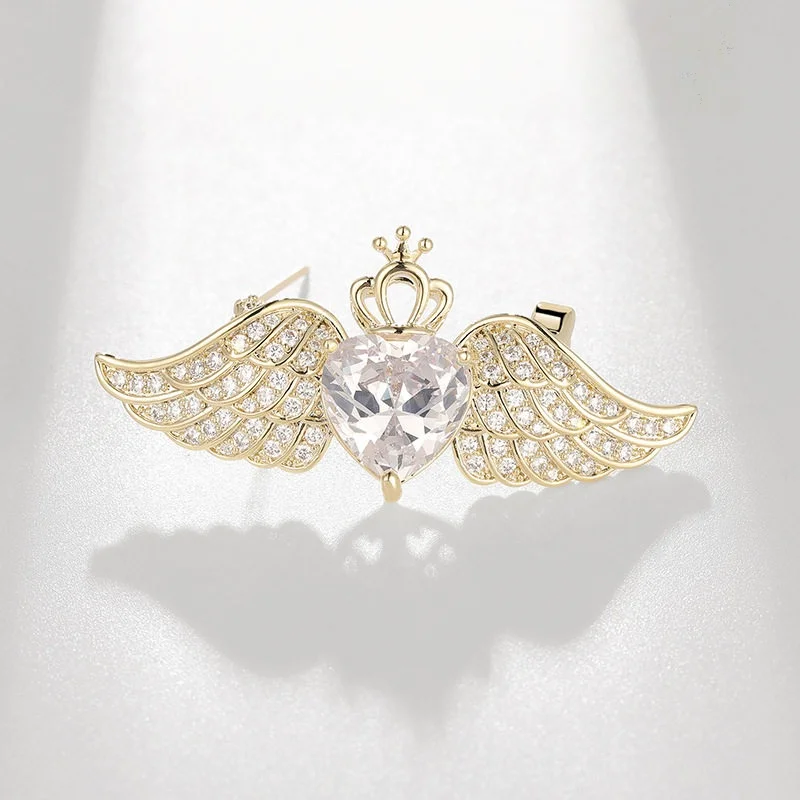 Modische Engelsflügel-Kristallherz-Kronen-Broschen für Damen, Kragen-Anstecknadel, Kleidungsdekoration, Schal-Anstecknadel, Schmuck-Accessoires