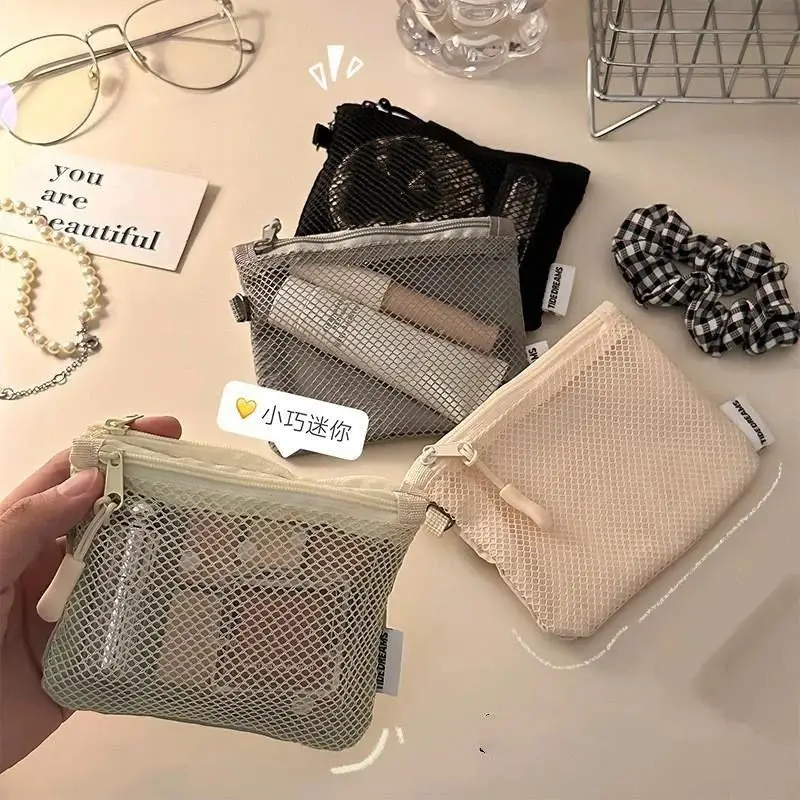 Mesh Travel Makeup Bag For Women Portable Mini Cosmetic Pouch Double Layer Zipper Multi-purpose Coin Purse Credit Card Holder