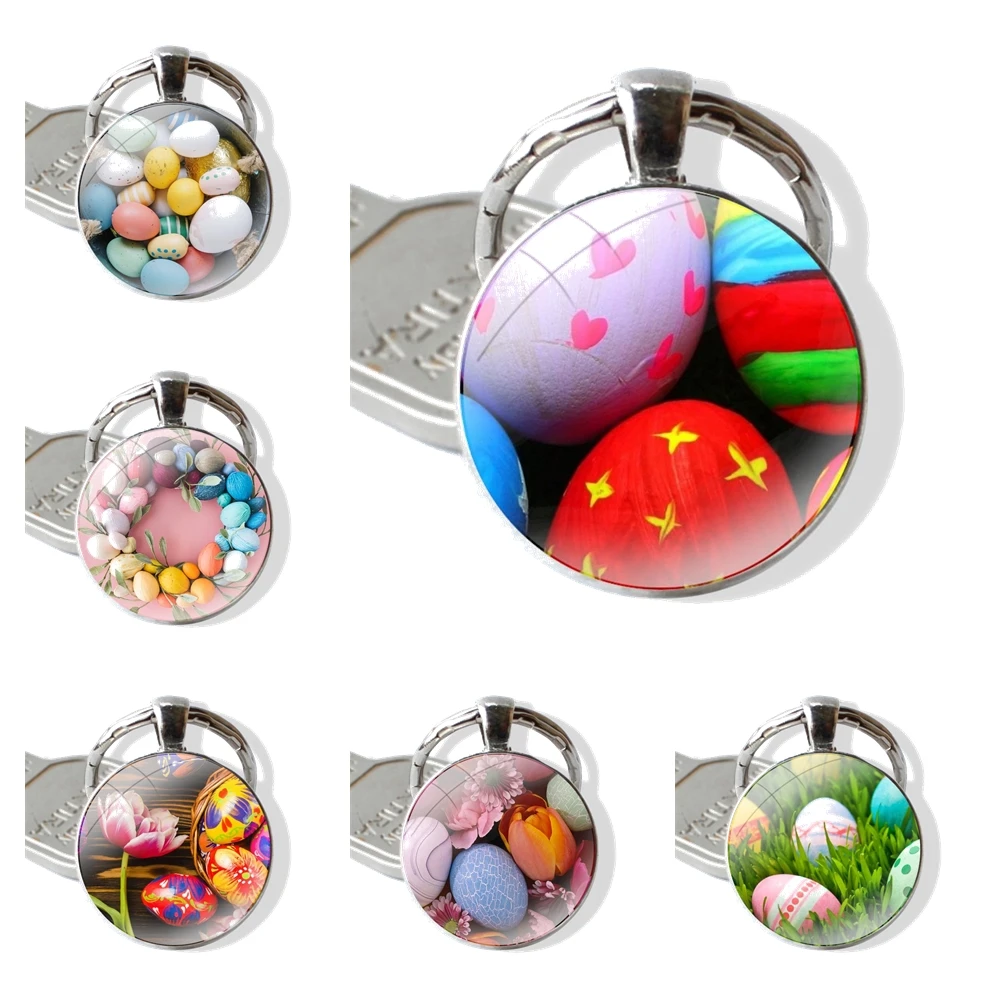 25mm Glass Cabohcon Keychain Key Rings for Women Men Jewelry Gift Easter eggs