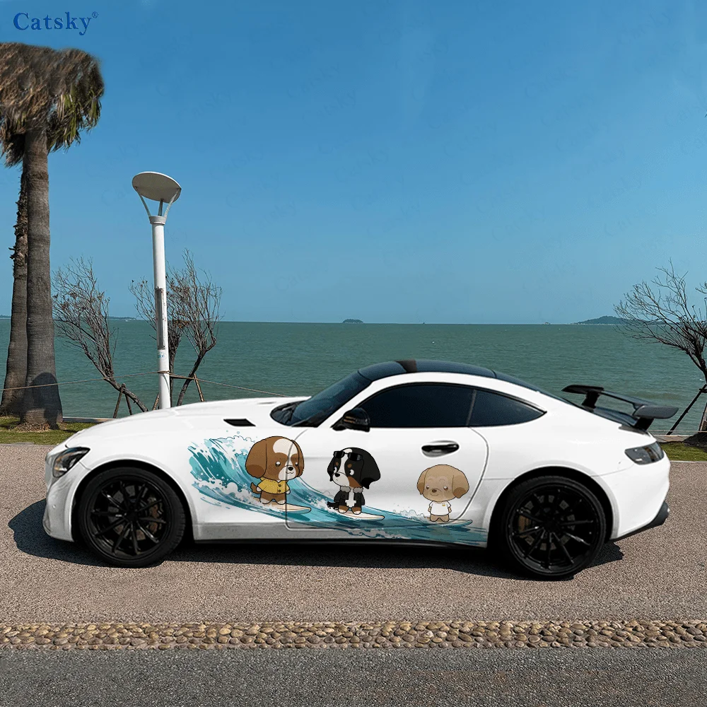 

The dogs are surfing on the waves, Bernese Mountain Dog，Labrador，Poodle，PVC Material, Suitable for Most Vehicles, Side Decorativ