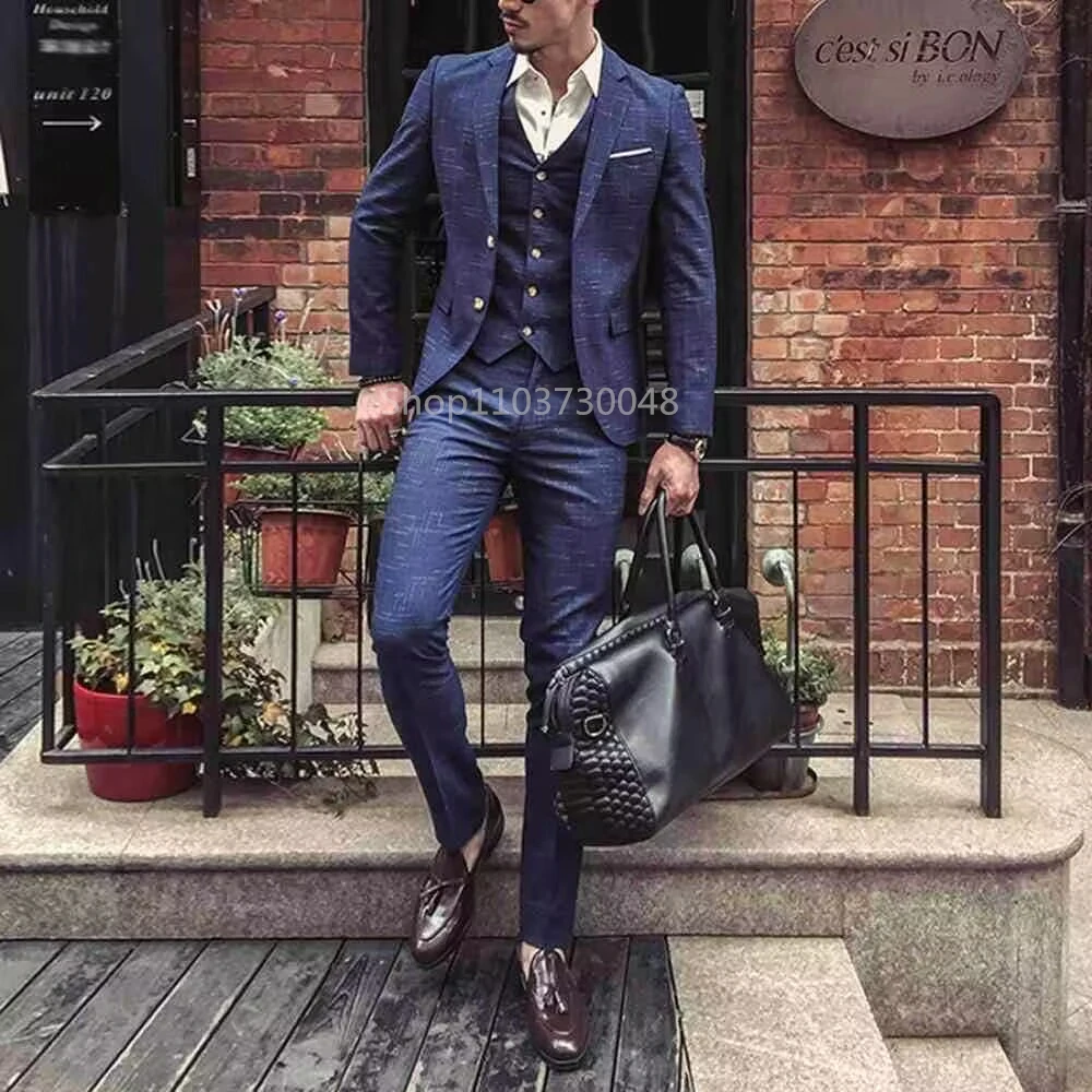 

Smart Casual 3 Piece Blue Men Suits Slim Fit Wedding Dress Notch Lapel Jacket Groom Tuxedos Business Suit Set(Blazer+Pants+Vest)
