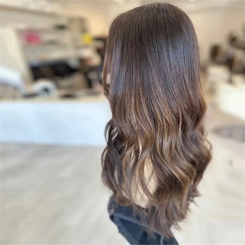 Premium Fiber Brunette Synthetic Wig Chocolate Brown Highlights HD Lace Front Wig Long Wave 13x4 Glueless Cap for Women Wear&Go