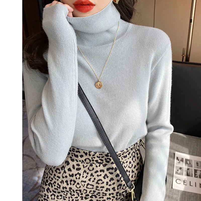 Autumn Winter Turtleneck Women Knitted Sweater New Long Sleeve Loose Pullover Knit Tops Casual Solid Color Basic Bottom Jumper