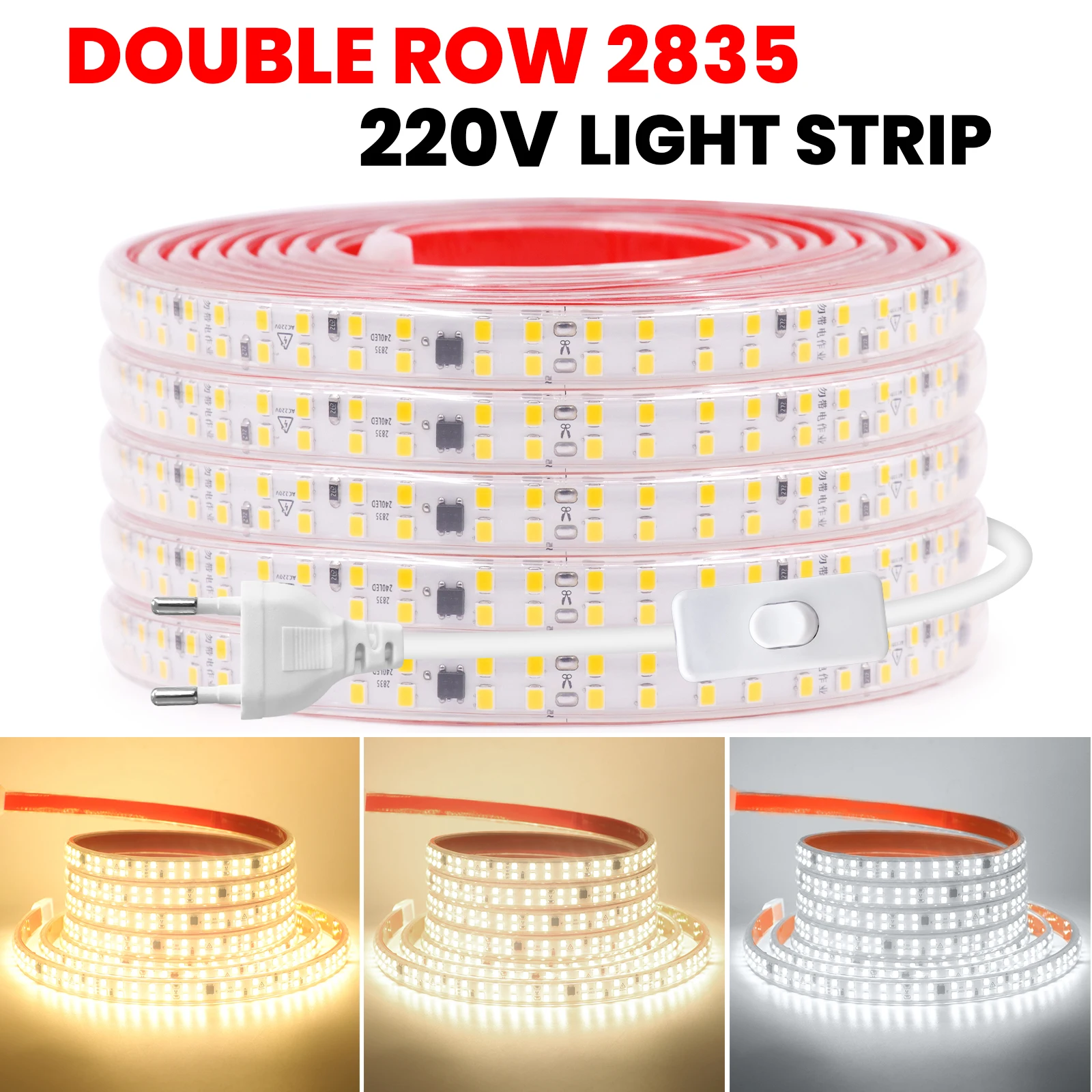 220V Double Row 2835 LED Light Strip 240LEDs High Brightness With Switch EU Plug IP65 Waterproof Flexible Home Light Tape Ribbon