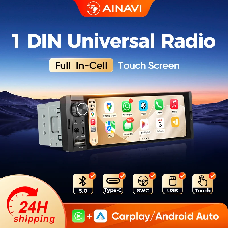 AINAVI Autoradio Universale 1Din MP5 Stereo Multimediale Schermo Touch IPS HD Carplay Wireless Android Auto Bluetooth Type-C