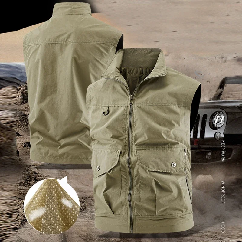 

Мужской жилет для отдыха, тонкий жилет для рыбалки и пешего туризма с несколькими карманами, повседневный свободный жилет для мужчин, однотонный жилет в стиле инструментов, новый