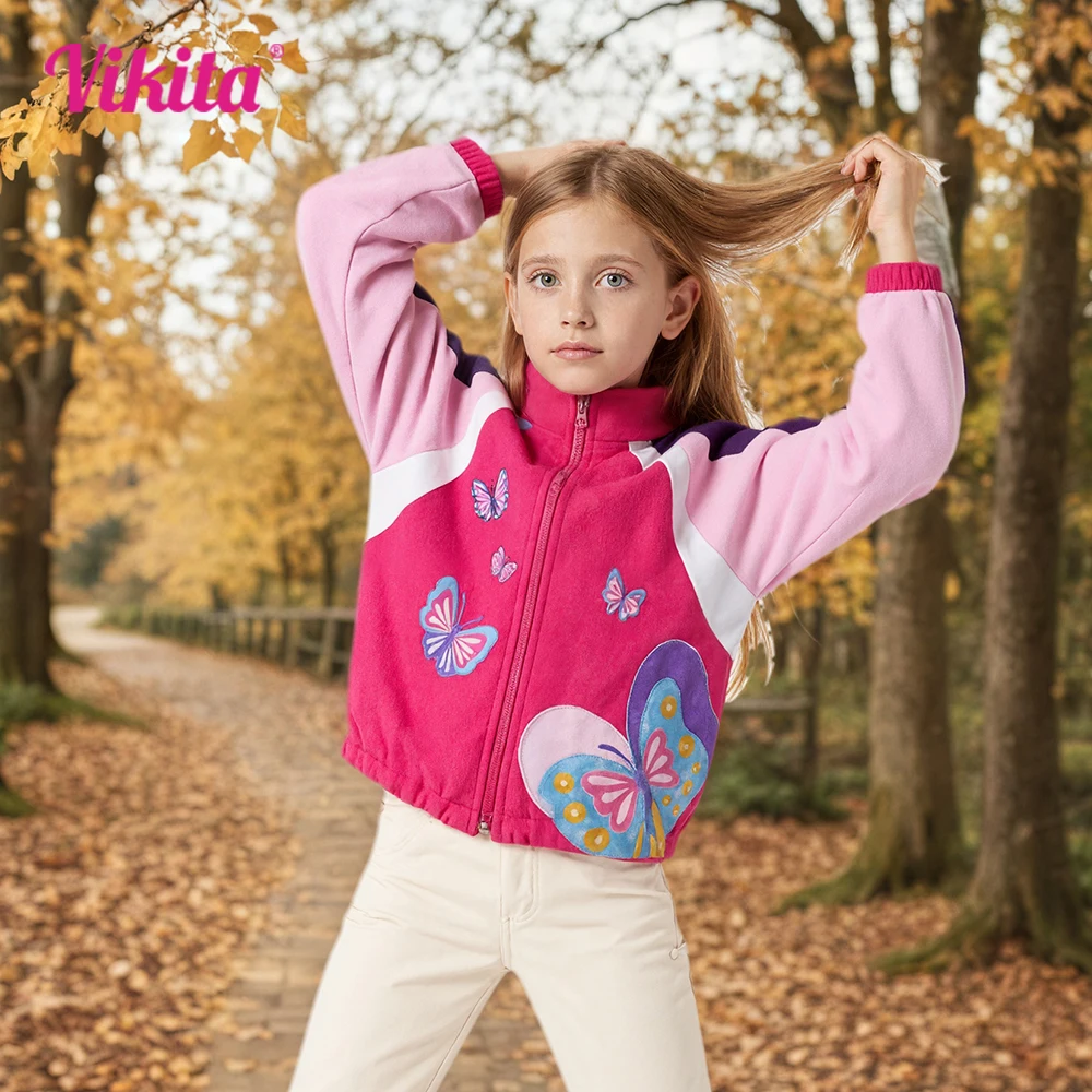 

VIKITA Kids Autumn Fleece Jackets Girls Butterfly Patchwork Outer Wear Coats Kids Zipper Warm Soft Daily Sports Casual Jackets