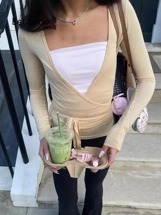Women Wrap V Neck Long Sleeve T Shirt Tie Side Slim Fit Fake Two Piece Top Soft Workout Blouse for Sports Daily Wear
