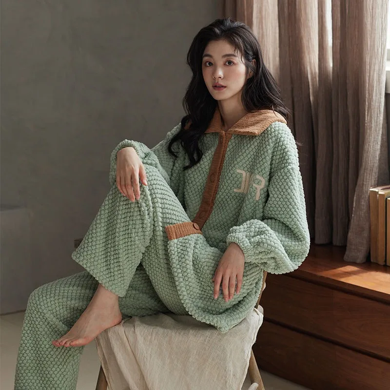 Coral Velvet Pajamas Winter Women Thickened Fleece-lined Embroidered Homewear Suit Female Leisure Warm Comfortable Nightclothes