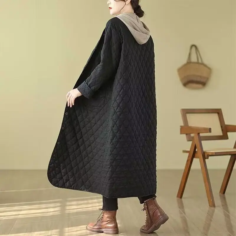 Retro Pure Color Diamond Pattern Cotton Jaet Women's Plus Size Loose V-Ne Slimming Long Coat Winter New Sle Commute