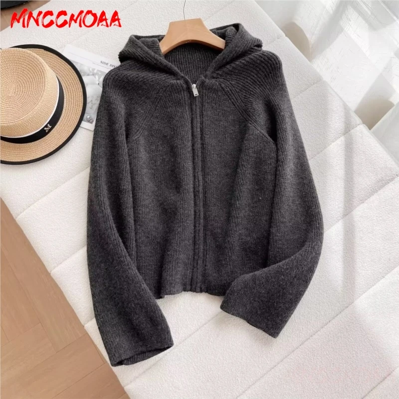 2024 New Autumn Winter Woman Knitted Cardigan Fashion Hooded Solid Color Female Casual Long Sleeve Zipper Knit Sweater Outerwear