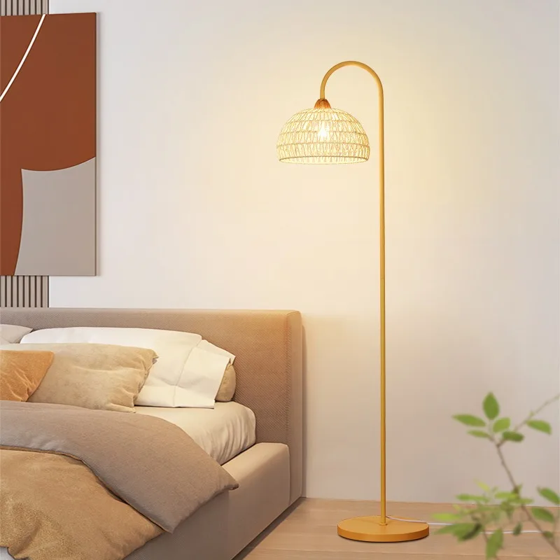 Vintage Simple Rattan Lampshade Led Floor Lamps Living Room Bedroom Bedside Lamp Sofa Side Standing Lights Indoor Ambient Light