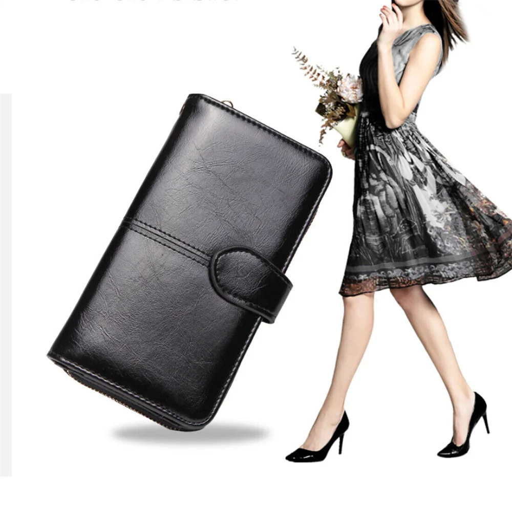 Women Long Wallet Oil Wax Leather Coin Purse Handbag Retro Large Capacity Phone Pouch Card Holder Clutch Zipper Buckle Money Bag