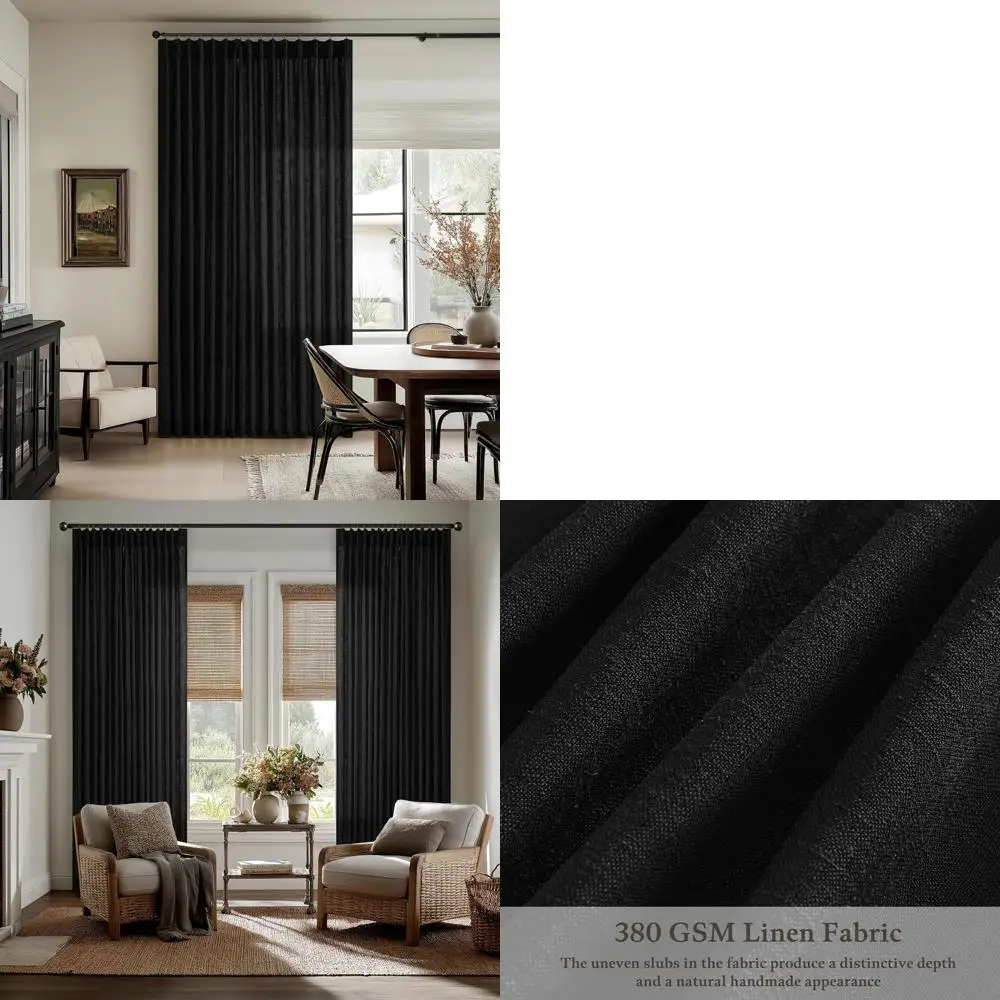 

Черные льняные шторы с защипами, 84 дюйма, для гостиной, спальни, столовой - светопропускающие, в стиле бохо-фармхаус