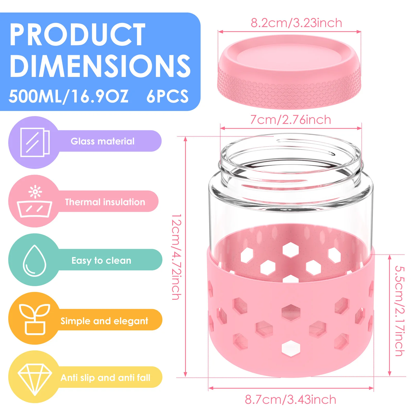 2/4/6 Pack 16.9oz Overnight Oats Containers Cup with Lids and Silicone Sleeves Glass Mason Jars Food Storage Jars Wide Mouth Jar