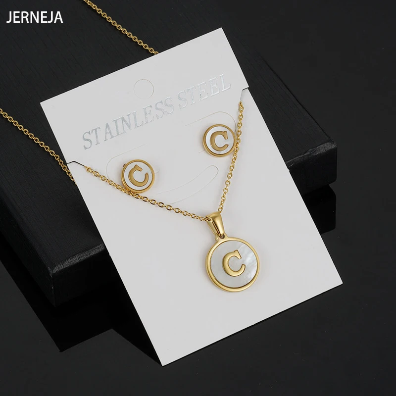 

Stainless Steel Shell Letter Necklace Set Titanium Steel Round 26 English Letter Women's Necklace Earring Set