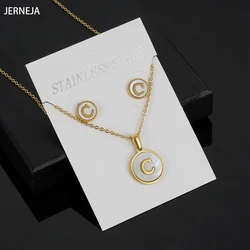 Stainless Steel Shell Letter Necklace Set Titanium Steel Round 26 English Letter Women's Necklace Earring Set