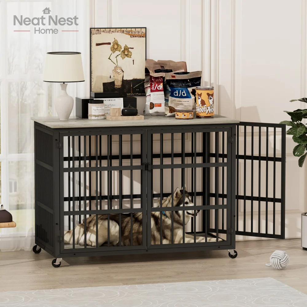 

Furniture style dog crate wrought iron frame door with side openings,Wooden Dog Kennel End Table with Flip-top Plate, Grey