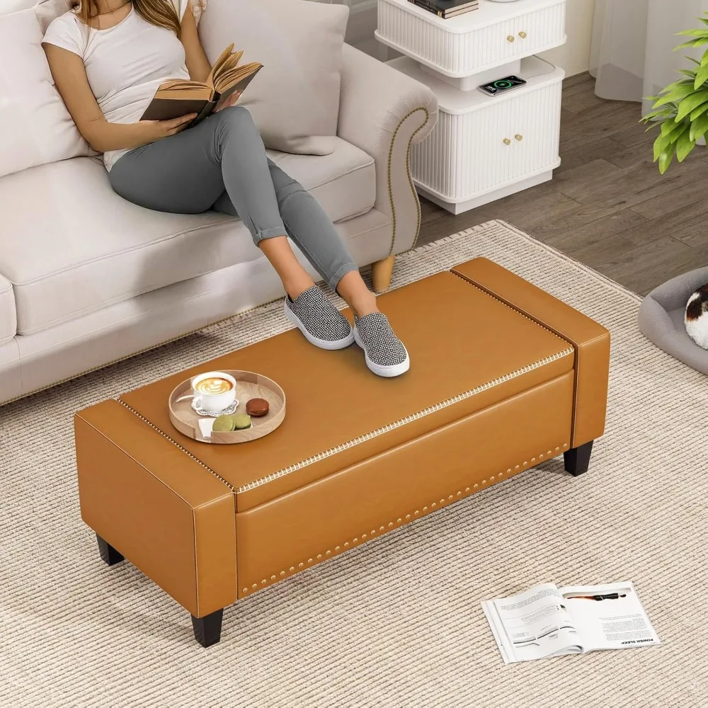 Brown Faux Leather Storage Ottoman Bench with Lift Top for Bedroom and Living Room
