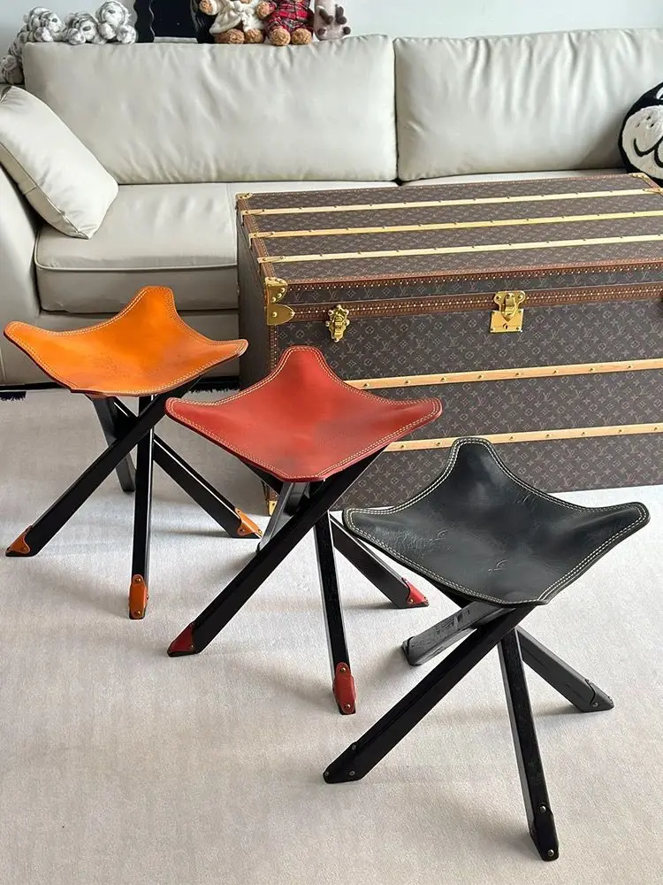 Retro Portable Folding Stool, Cowhide Bench, Small Solid Wood Bench, Shoe Changing Stool, Maza