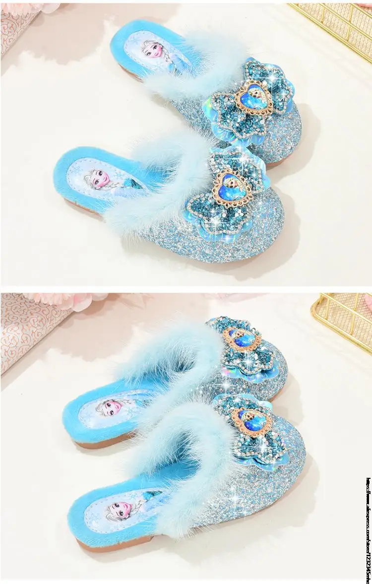 Disney Girls Fur Slipper Frozen Sequined Princesse Children Party Dress Elsa Shoes Leather Home Slipper For Kids Slides