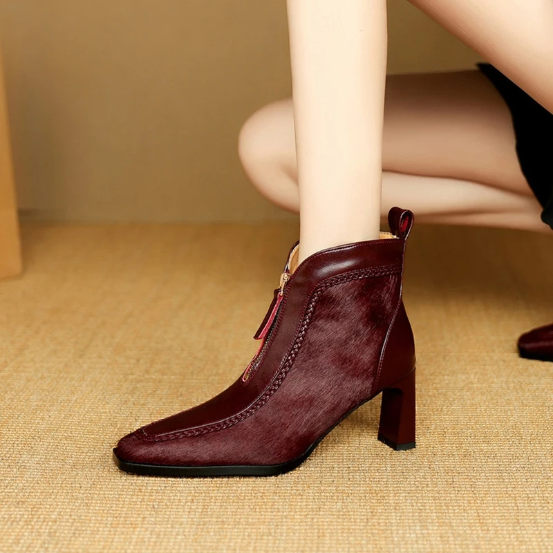 NEW Autumn/Winter Women Boots Square Toe High Heel Shoes Horsehair Shoes Women Zip Ankle Boots Elegant Modern Boots Daily Shoes