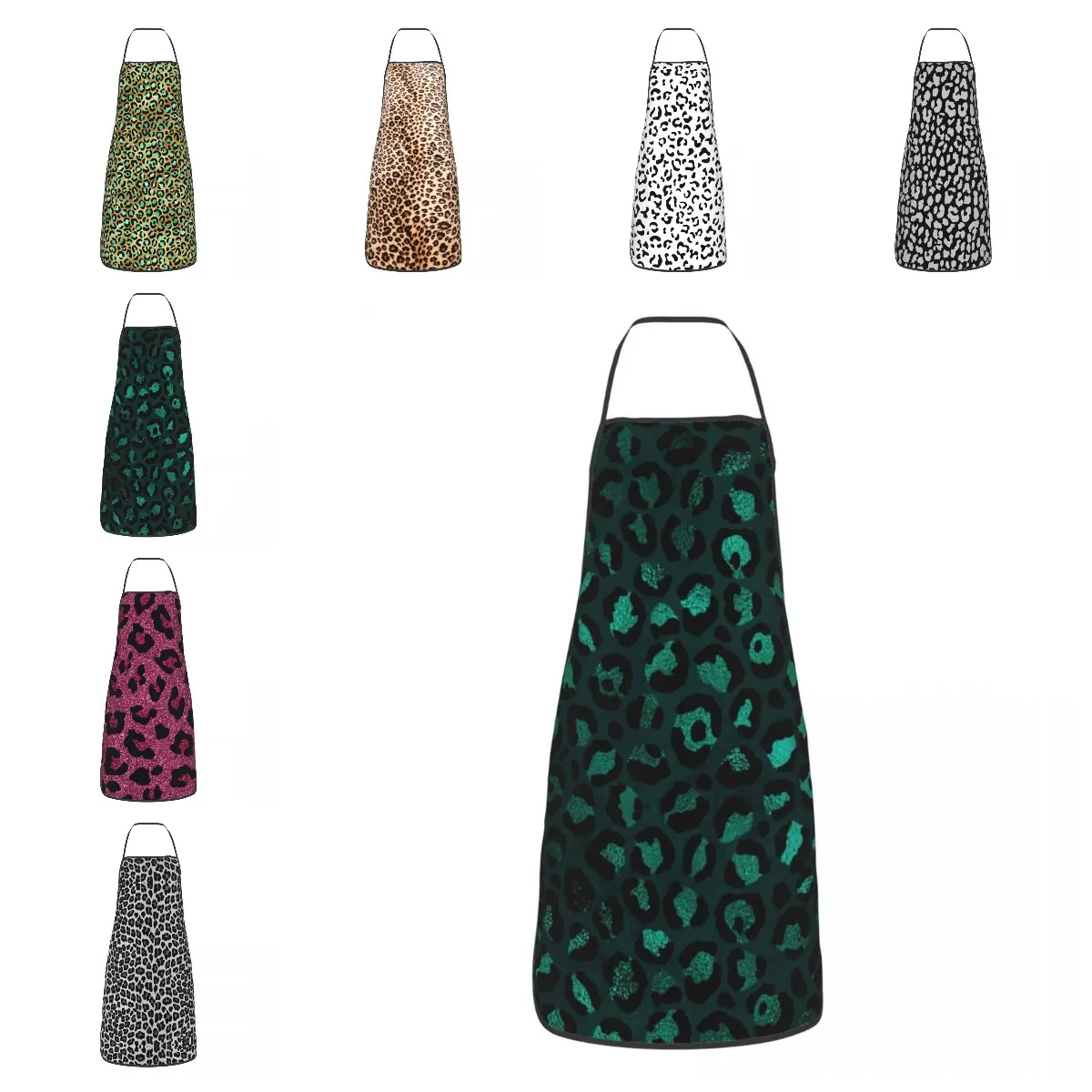 

Custom Bib Metallic Teal Leopard Pattern Apron for Men Women Unisex Chef Cooking Kitchen Animal Skin Tablier Cuisine Gardening