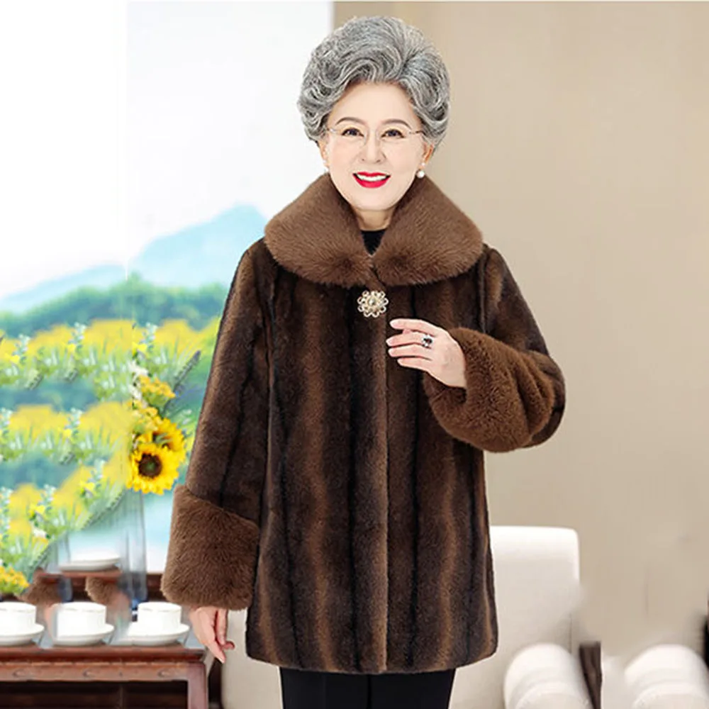 Middle-aged And elderly Women Mink Velvet Grandma Winter Fleece Warm Coat Fashion Noble Imitation Fur Long Mother Coat Tide.