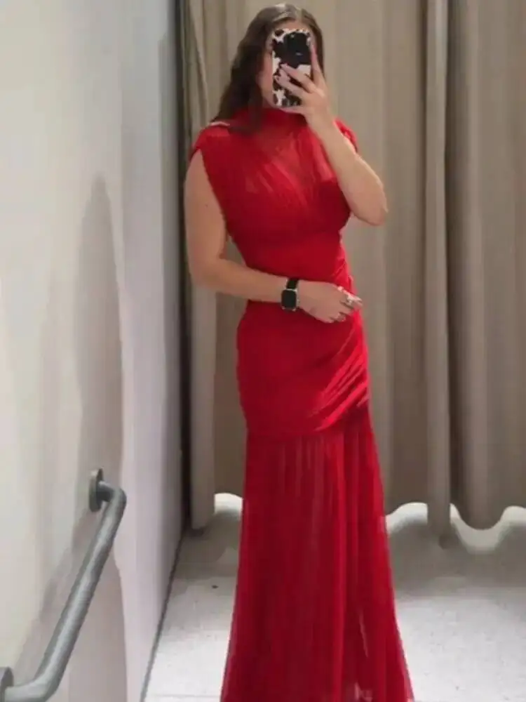 فساتين طويلة أنيقة للحفلات المسائية بطيات حمراء أنيقة وأكمام طويلة شبكية مرقعة فستان نسائي صيفي لقضاء العطلات على الشاطئ