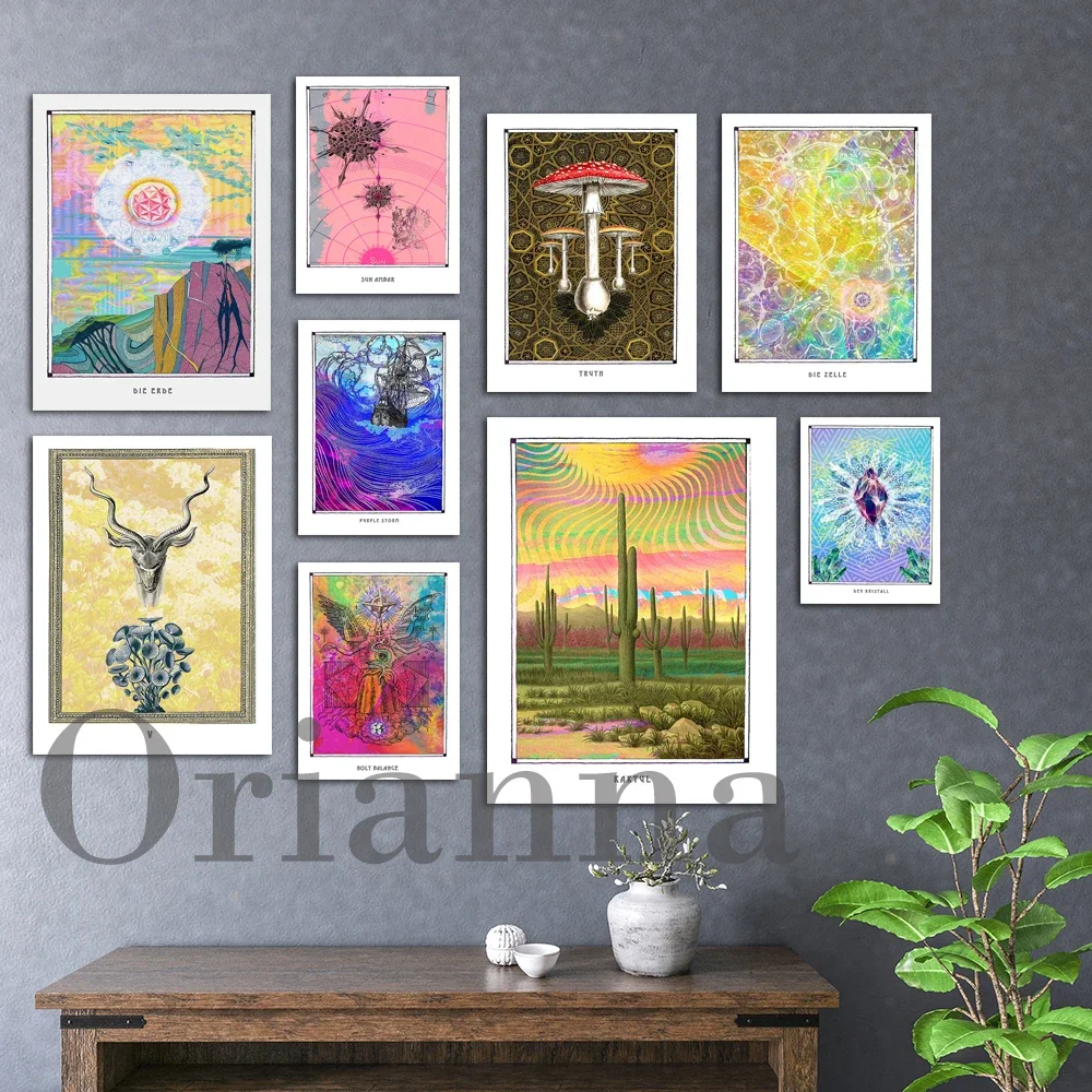 Holy Psychedelic Surreal Color Abstract Pop Geometry Cactus Eyes Pyramid Antelope Head Starry Sky Wall Art Canvas Prints Gift