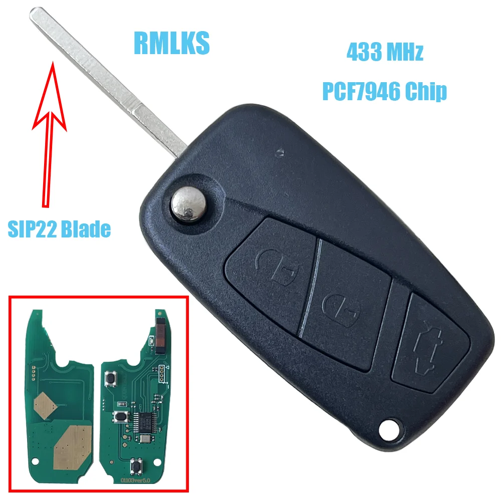 Flip Remote Car Key 433MHZ PCF7946 ID46 For Fiat 500 Punto Citroen Nemo Peugeot Bipper Vauxhall Combo Ford KA SIP22