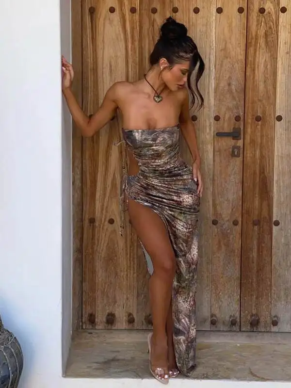 Backless Slim Fit Pleated Slit Dress Women's Long Midi Dress Open Slit One Shoulder Print Casual Elegant Elegant Style