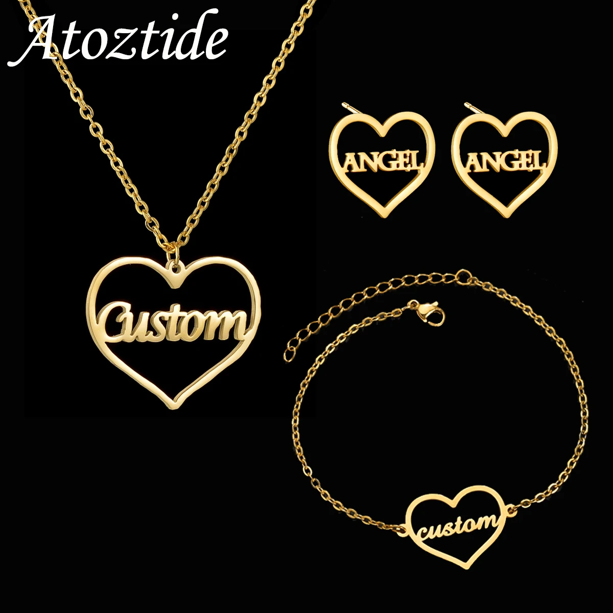 

Atoztide Personalized Custom Name Bracelet Earring Necklace Heart Jewelry Set Stainless Steel For Women Men Chain Birthday Gift