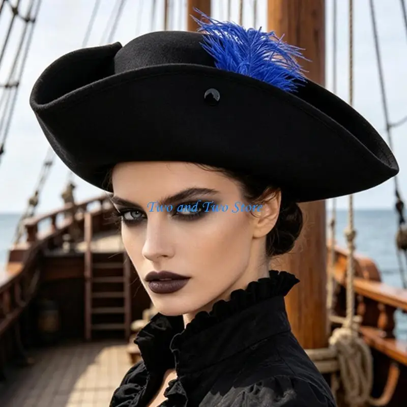 HX6F Halloween Pirate Hat with Black Fabric Tricorn Costume Cosplay Accessory