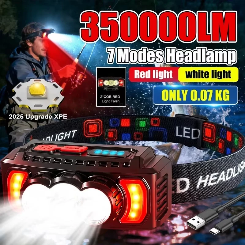 70g Ultraleichte Stirnlampe 7 Modi XPE+LED+COB Rotlicht 0 ° -180 ° Einstellbarer Typ-C Aufladbarer Wasserdichter 2026 Upgrade – Detail 1