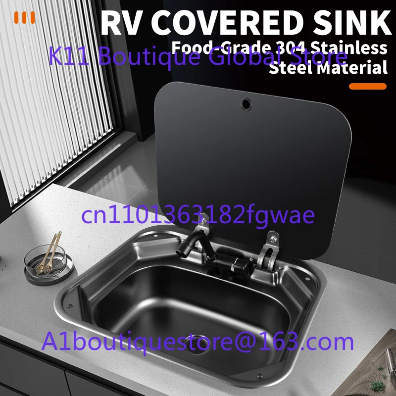 RV Stainless Steel Sink with Faucet 420mm with Tempered Glass Cover Square and RV RV Camper Kitchen Accessories