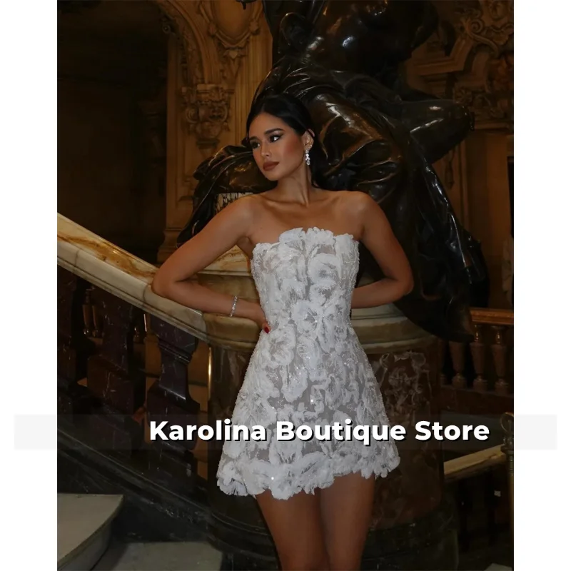 

Customized White Strapless Lace Appliques Prom Dress Sequins Sleeveless vestidos de noche Sexy A-Line Mini Wedding Party