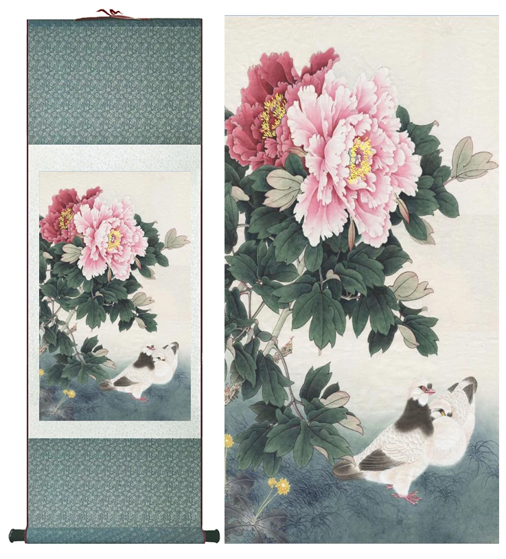 Peony flower and dove  painting  silk  scroll painting  traditional birds and flower painting Chinese paintingPrinted painting