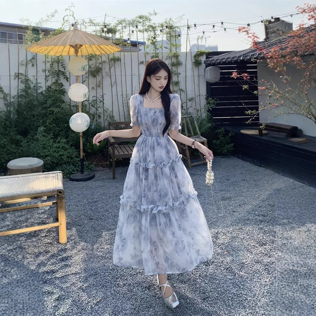 "Zeyla 2024 Letnia kwiecista sukienka w kształcie litery A - szyfonowa sukienka maxi z wysokim stanem Boho Kwiecista sukienka letnia na wakacje"