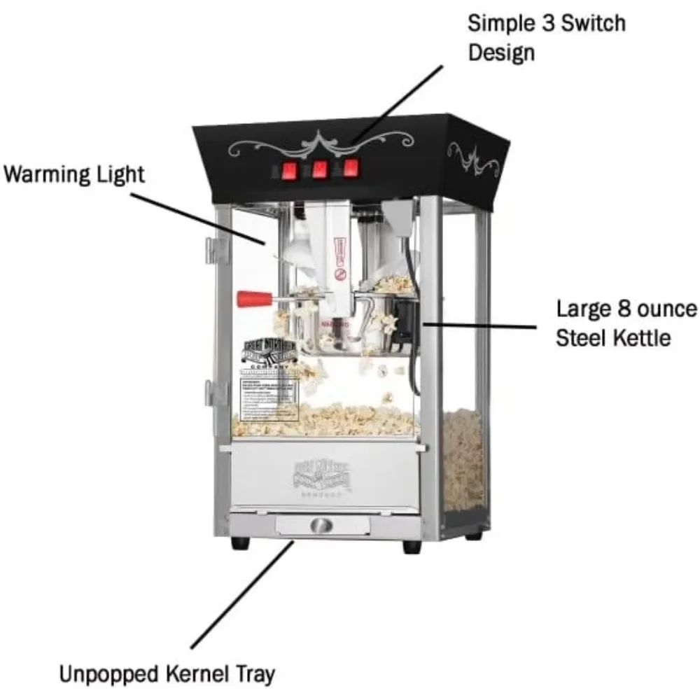 8-ounce popcorn maker with stainless steel kettle, refuse core tray, warm light, and large northern popcorn accessories (black)